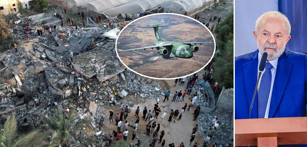 Faixa de Gaza destruida, avião da FAB KC-390 e Lula