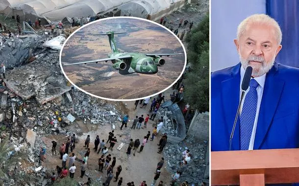 Faixa de Gaza destruída, avião da FAB KC-390 e Luiz Inácio Lula da Silva