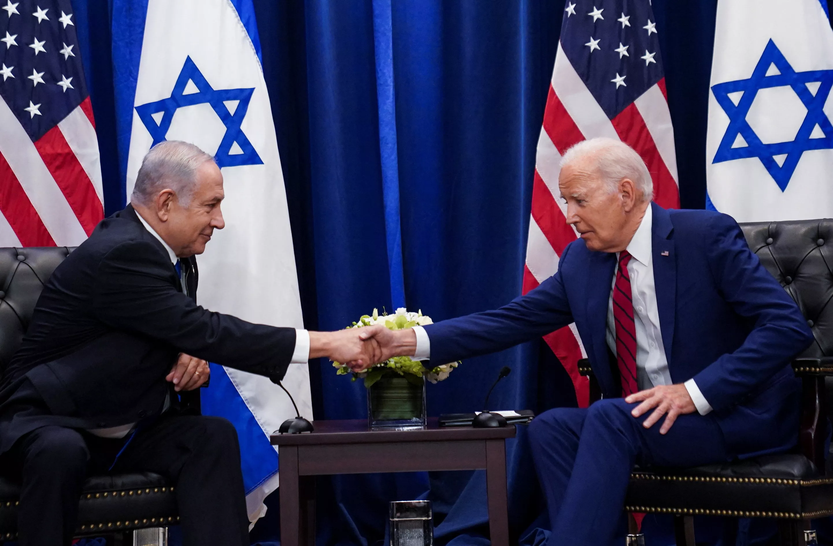 U.S. President Joe Biden holds a bilateral meeting with Israeli Prime Minister Benjamin Netanyahu on the sidelines of the 78th U.N. General Assembly in New York City, September 20, 2023. REUTERS/Kevin Lamarque