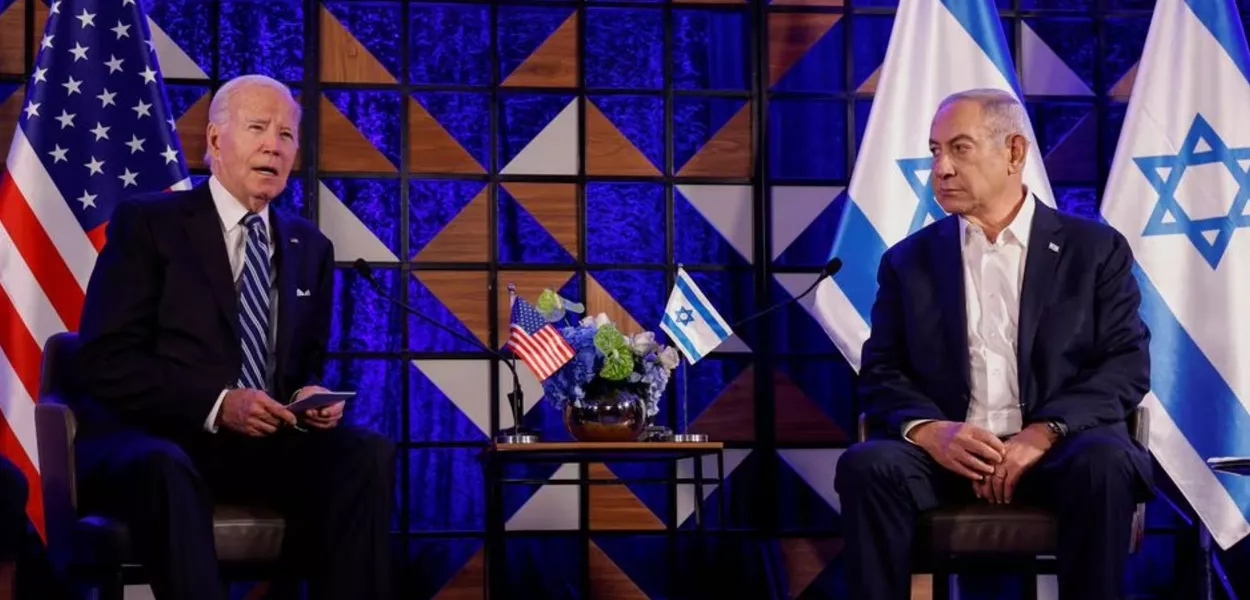 Joe Biden, presidente dos EUA (à esq.), e Benjamin Netanyahu (primeiro-ministro de Israel)