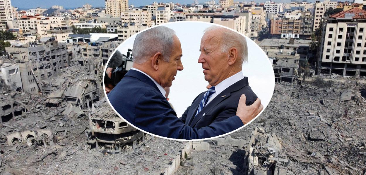 Gaza bombardeada, Benjamin Netanyahu e Joe Biden 