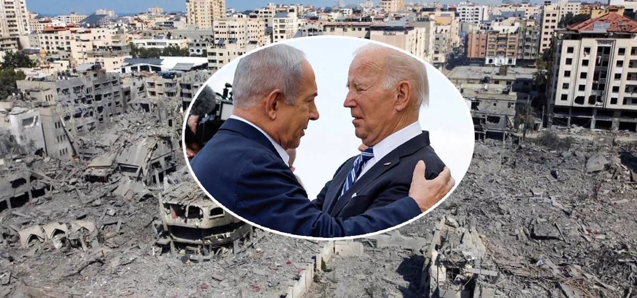 Gaza bombardeada, Benjamin Netanyahu (primeiro-ministro de Israel) e Joe Biden (presidente dos EUA) 