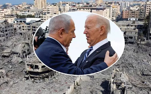 Gaza bombardeada, Benjamin Netanyahu (primeiro-ministro de Israel) e Joe Biden (presidente dos EUA) 