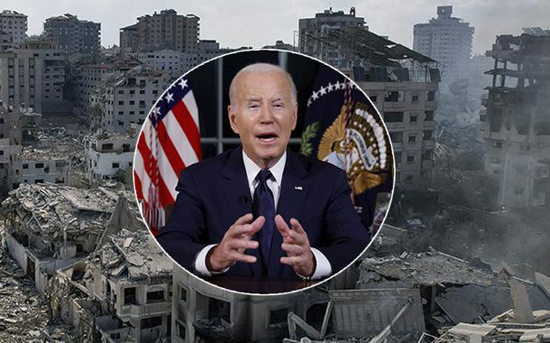 Joe Biden e Gaza destruída por bobardeios de Israel 