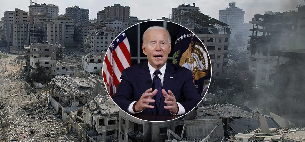 Joe Biden e Gaza destruída por bobardeios de Israel 