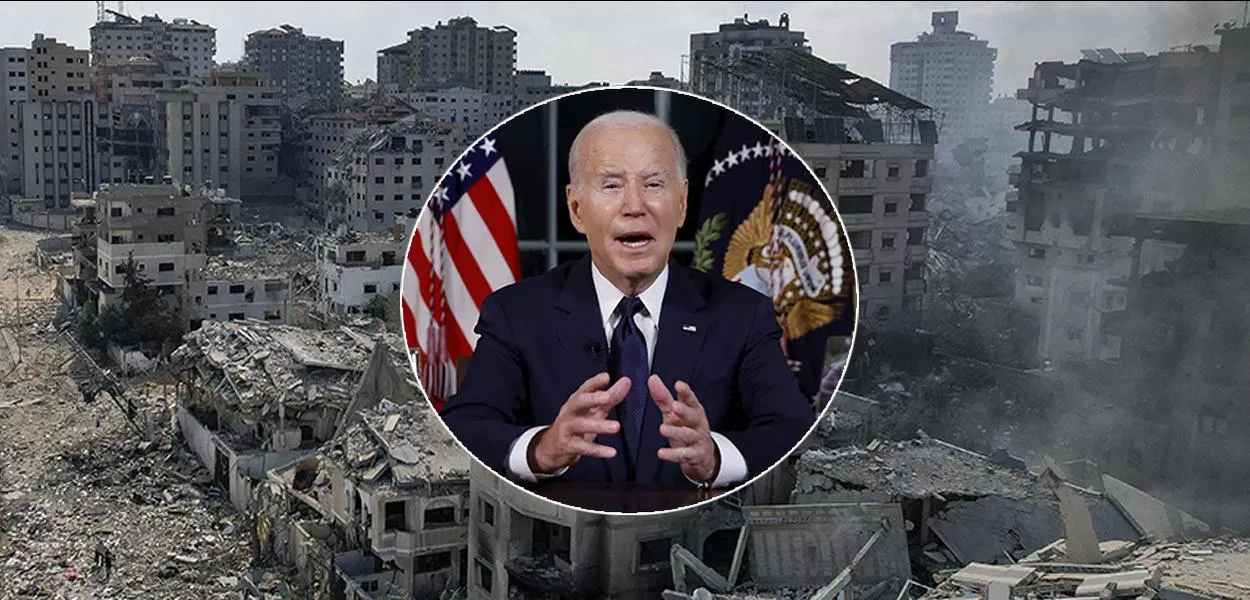 Joe Biden e Gaza destruída por bombardeios de Israel