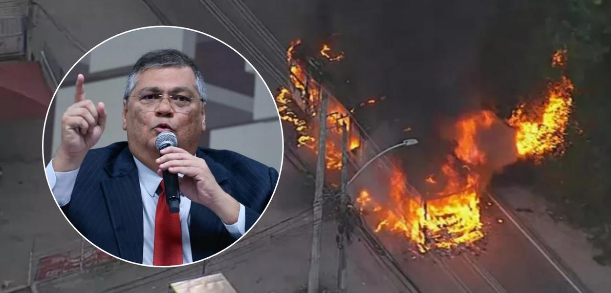 Flávio Dino e ônibus incendiado no Rio