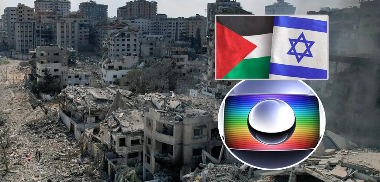 Faixa de Gaza, bandeiras da Palestina (com a cor vermelha), de Israel e a marca da Globo