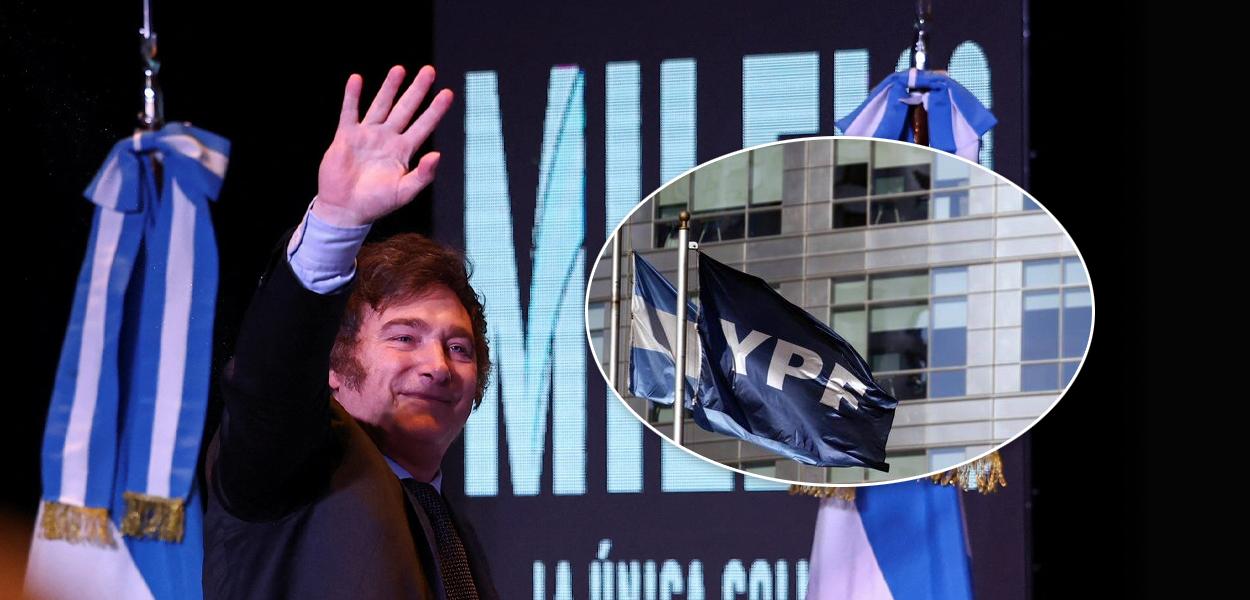 Javier Milei e bandeira da YPF