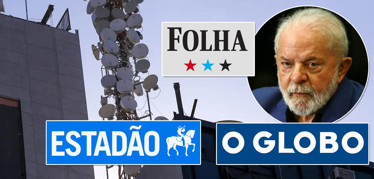 Empresa na área de tecnologia da comunicação (ao fundo), marcas dos jornais Folha de S.Paulo, O Estado de S.Paulo, O Globo, e Luiz Inácio Lula da Silva