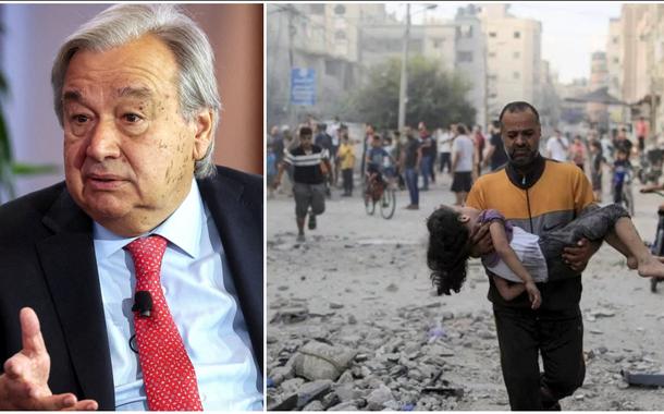 António Guterres e crianças atacadas em Gaza