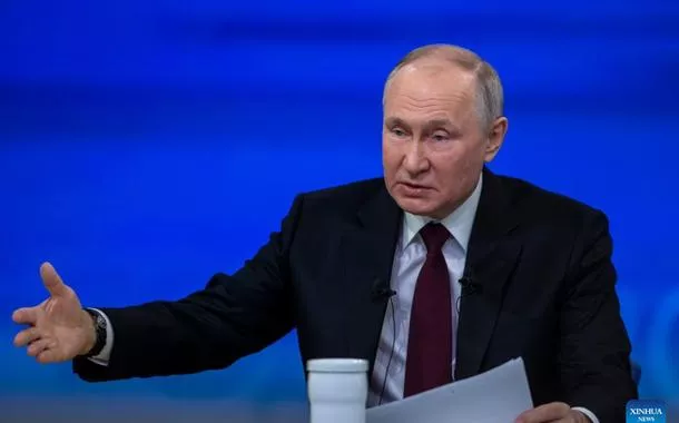 Vladimir Putin em entrevista coletiva anual, dezembro 2023, XINHUA