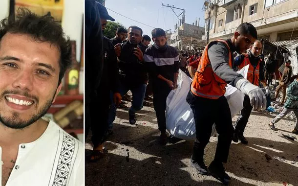 Thiago Àvila | Palestinos carregam vítima de ataque israelense em Rafah, no sul da Faixa de Gaza