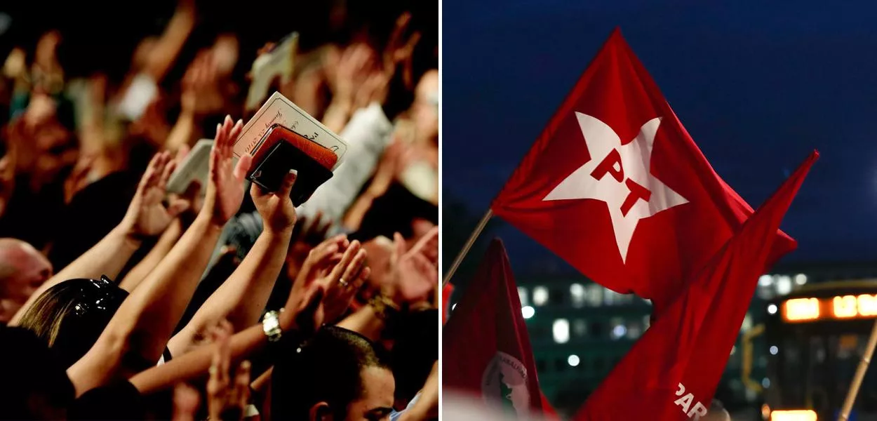 Evangélicos em oração e bandeiras do PT