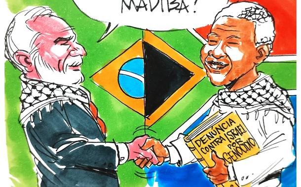Brasil apoia África do Sul contra o genocídio israelense em Gaza - charge Latuff 