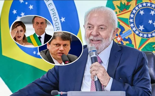 Da esq. para a dir.: Michelle Bolsonaro, Jair Bolsonaro, Tarcísio de Freitas e Luiz Inácio Lula da Silva