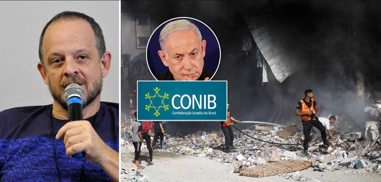 Jornalista Breno Altman, primeiro-ministro de Israel, Benjamin Netanyahu (círculo), Confederação Israelita do Brasil e a Faixa de Gaza