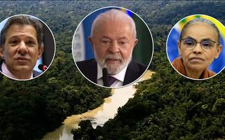 Montagem (da esq. para dir.): Fernando Haddad, Luiz Inácio Lula da Silva e Marina Silva mais Floresta Amazônica de fundo 