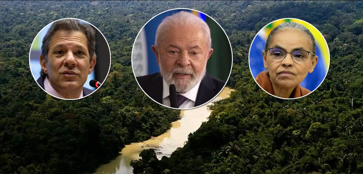 Montagem (da esq. para dir.): Fernando Haddad, Luiz Inácio Lula da Silva e Marina Silva mais Floresta Amazônica de fundo 