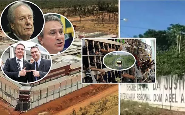 Ricardo Lewandowski (círculo, em cima, à esq.), Camilo Santana, Jair Bolsonaro junto com Flávio Dino, mais a foto de um presídio, e um vidro quebrado com uma bala no meio