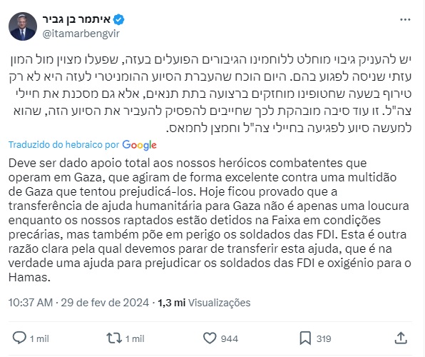 Tweet do ministro israelense Itamar Ben-Gvir
