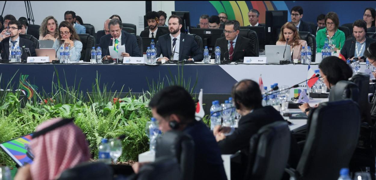 Ministro da Fazenda, Fernando Haddad, fala durante encontro do G20 em São Paulo