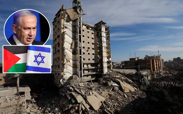 Primeiro-ministro israelense, Benjamin Netanyahu, bandeiras da Palestina e de Israel, e um edifício atacado por Israel em Rafah