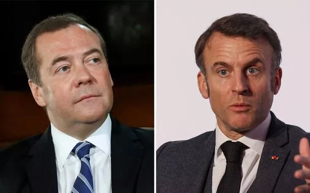 Dmitry Medvedev (à esq.) e Emmanuel Macron