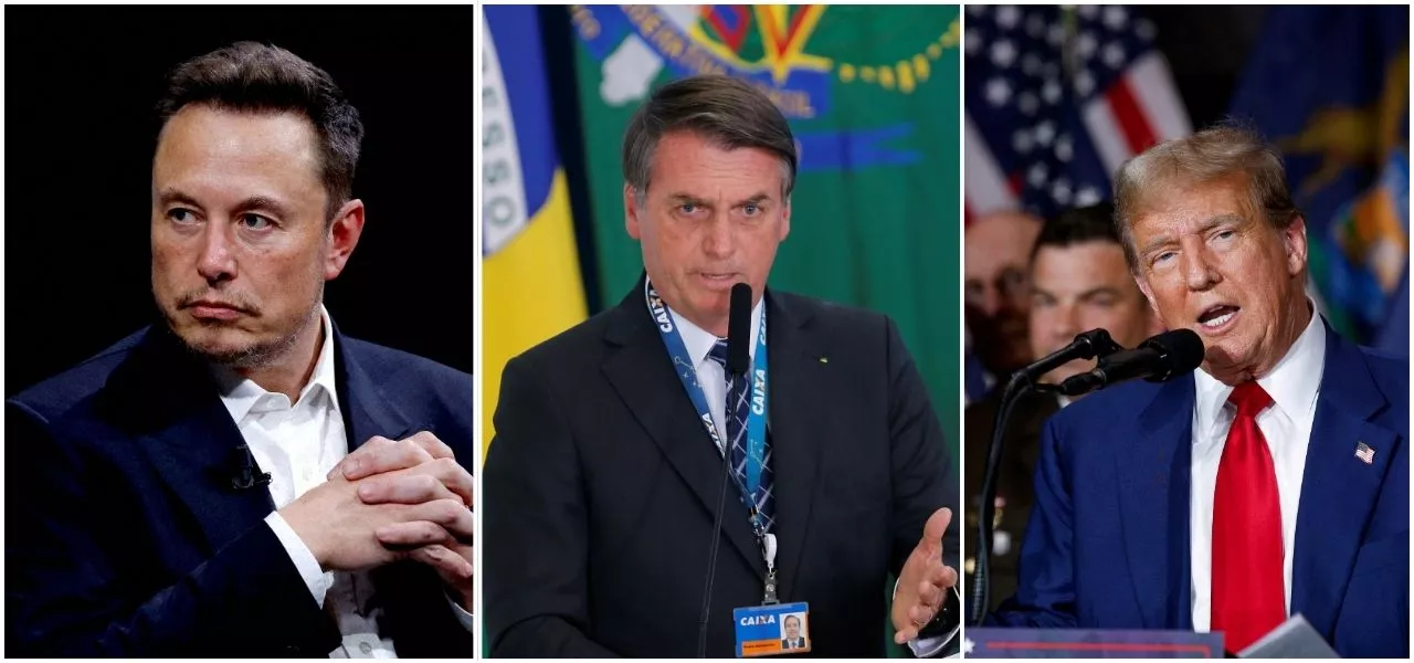 Da esquerda para a direita: Elon Musk, Jair Bolsonaro e Donald Trump