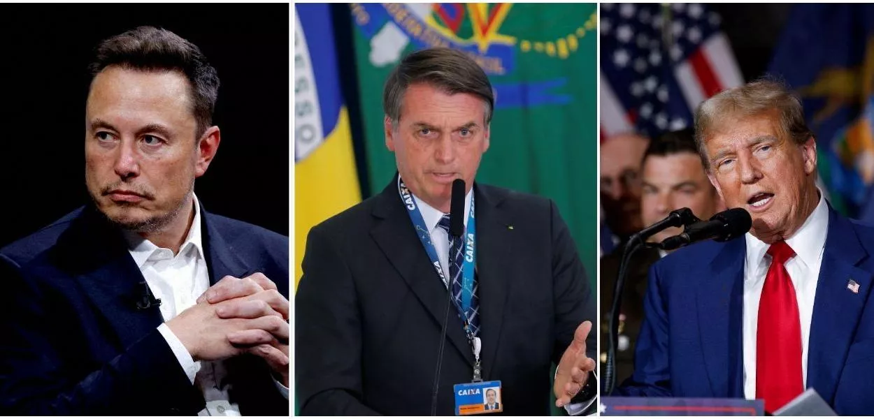 Da esquerda para a direita: Elon Musk, Jair Bolsonaro e Donald Trump