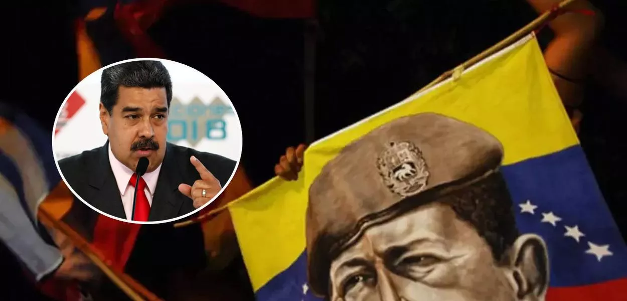 Nicolás Maduroa e imagem do antecessor Hugo Chávez