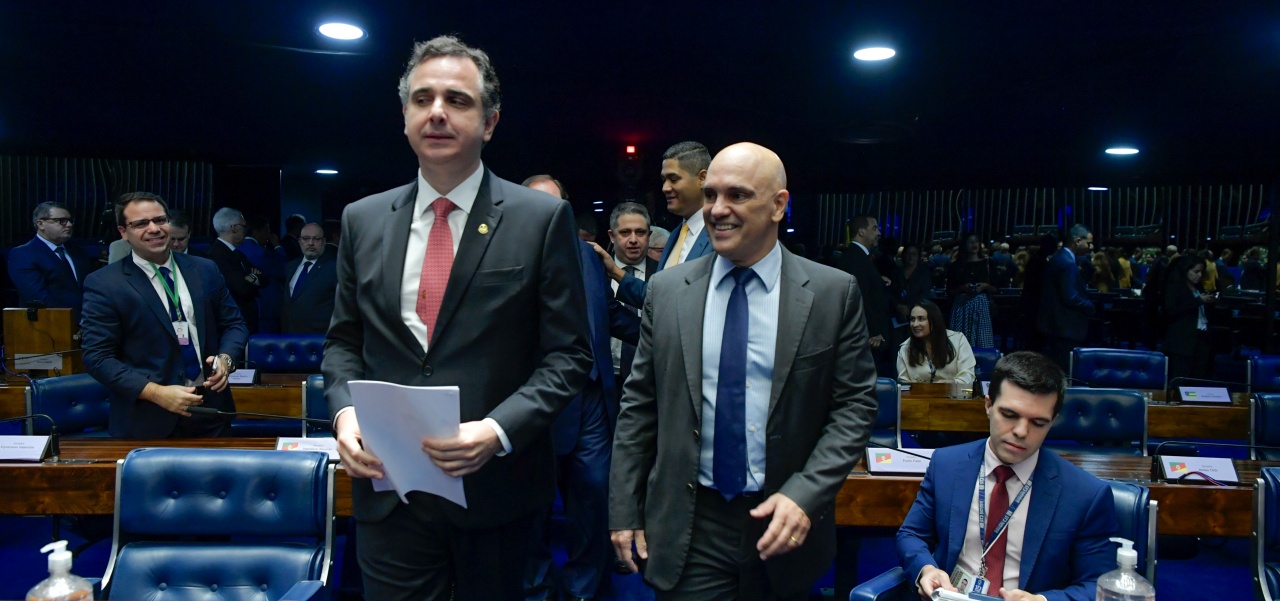 Presidente do Senado Federal, senador Rodrigo Pacheco (PSD-MG), e ministro do Supremo Tribunal Federal (STF), Alexandre de Moraes