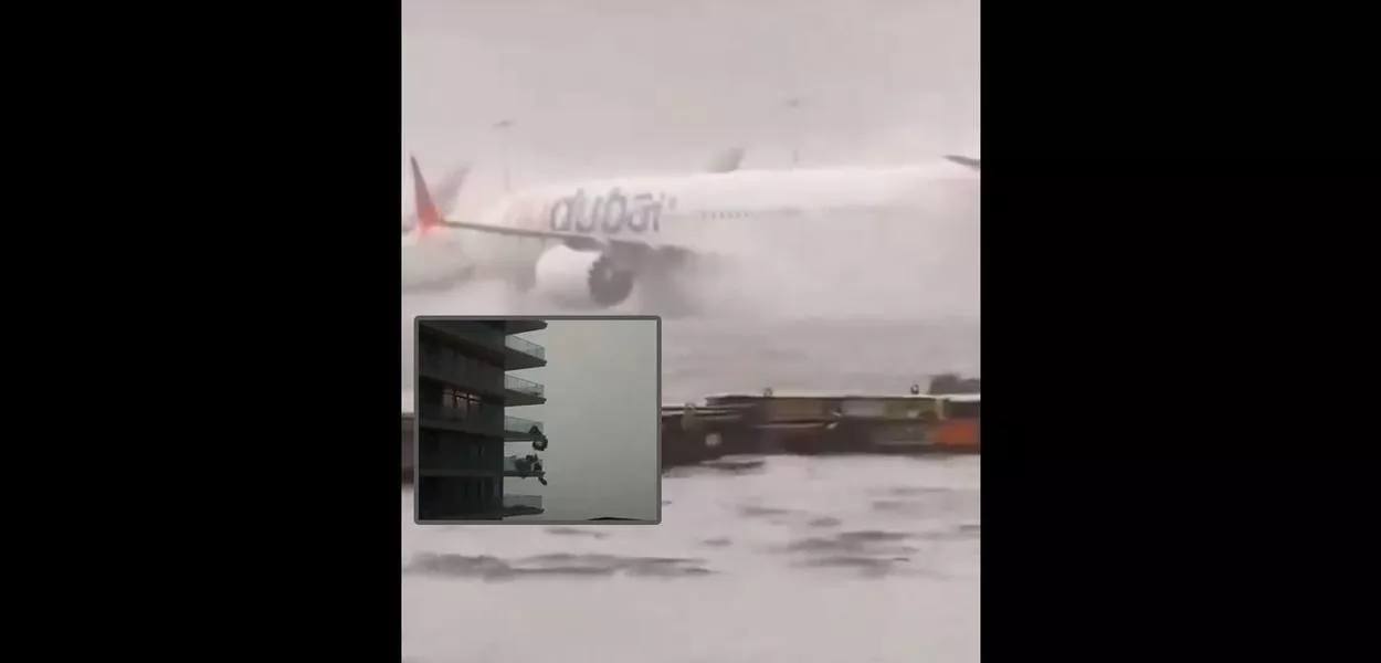 Chuvas em aeroporto e objetos sendo jogados para fora de um apartamento por causa da ventania nos Emirados Árabes Unidos