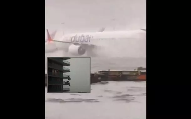 Chuvas em aeroporto e objetos sendo jogados para fora de um apartamento por causa da ventania nos Emirados Árabes Unidos