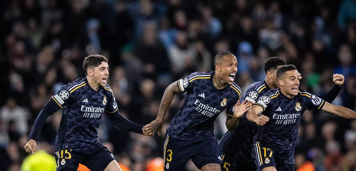 Real Madrid, da Espanha, em jogo contra o Manchester City na Inglaterra