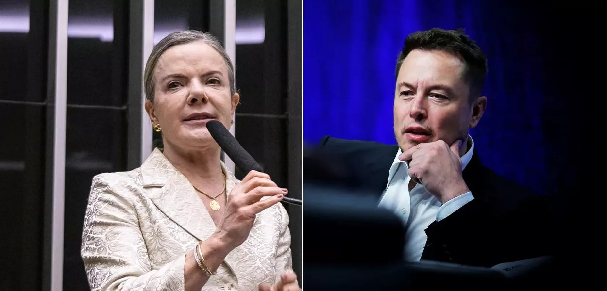 Gleisi Hoffmann (à esq.) e Elon Musk