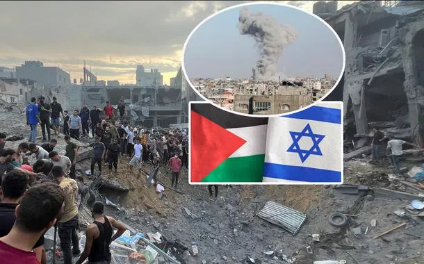 Faixa de Gaza (mais destaque), cidade de Rafah (círculo), e as bandeiras da Palestina (colorida) e de Israel (azul e branco)