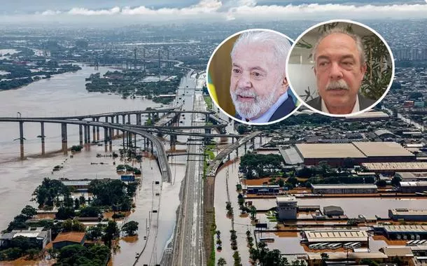 Da esq. para a dir.: enchentes no Rio Grande do Sul, Luiz Inácio Lula da Silva e Aloizio Mercadante 