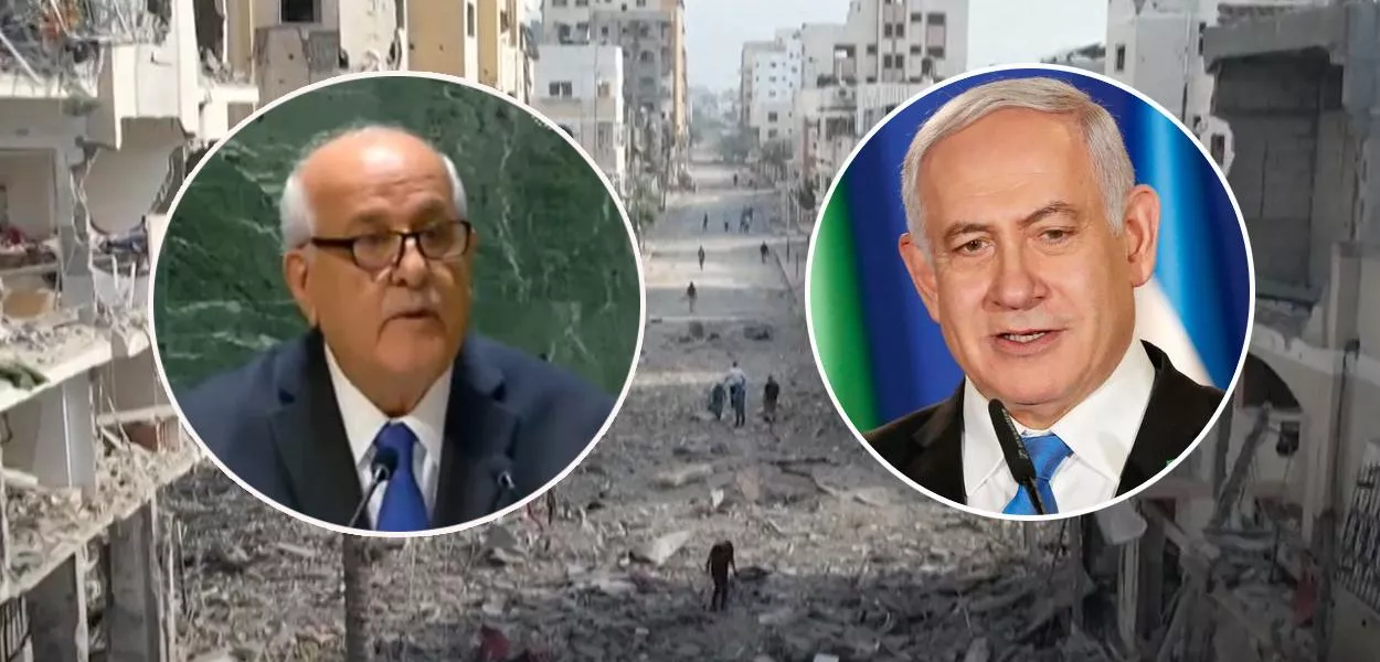 Riad Mansour (à esq.), Benjamin Netanyahu e a Faixa de Gaza