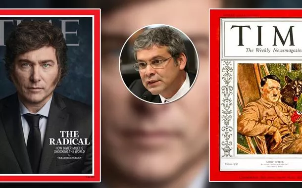 Capa de Javier Milei ( à esq.), Lindbergh Farias e capa com Adolf Hitler