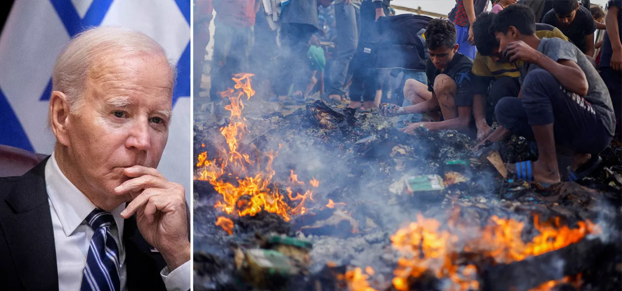 Joe Biden | Palestino procura por comida após ataque israelense em local designado para pessoas desalojadas em Rafah, no sul da Faixa de Gaza