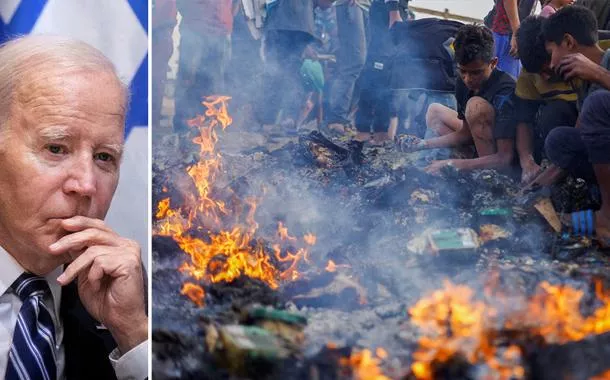 Joe Biden | Palestino procura por comida após ataque israelense em local designado para pessoas desalojadas em Rafah, no sul da Faixa de Gaza