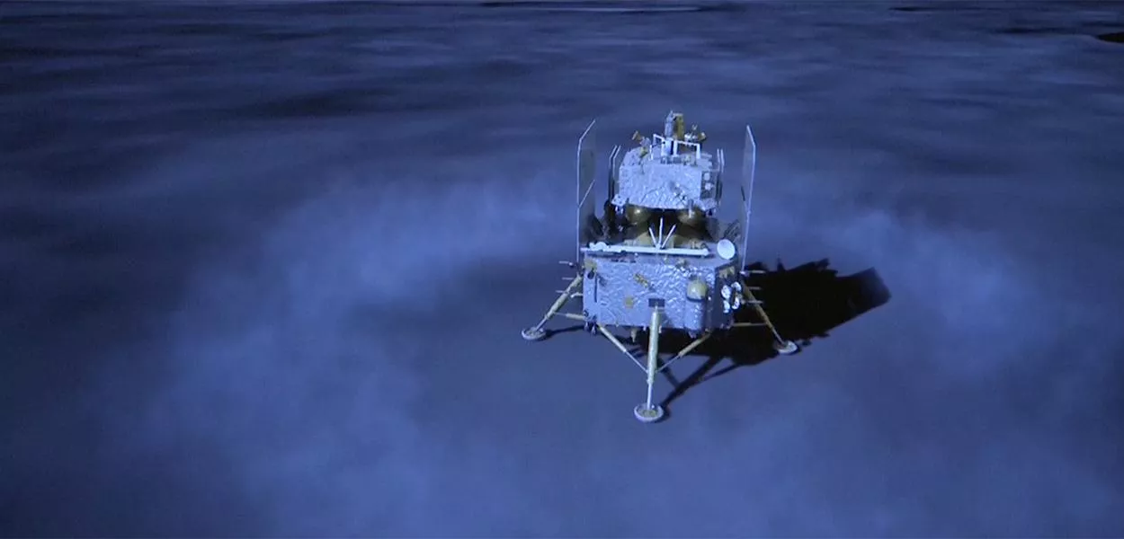 Uma representação do módulo lunar Chang'e 6 da China no outro lado da lua após pousar em 2 de junho, 2024.