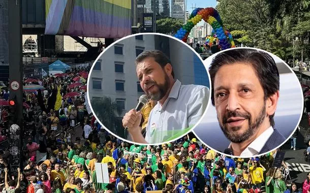Guilherme Boulos em discurso na Parada LGBT, participantes do movimento na Avenida Paulista e Ricardo Nunes