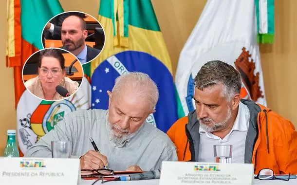 Da esq. para dir: Bia Kicis, Eduardo Bolsonaro, Luiz Inácio Lula da Silva e Paulo Pimenta 