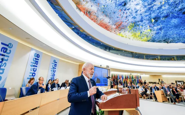Presidente Luiz Inácio Lula da Silva durante sessão de encerramento do Fórum Inaugural da Coalizão Global para a Justiça Social no âmbito da 112a Conferência Internacional do Trabalho, no Palácio das Nações, em Genebra, Suíça