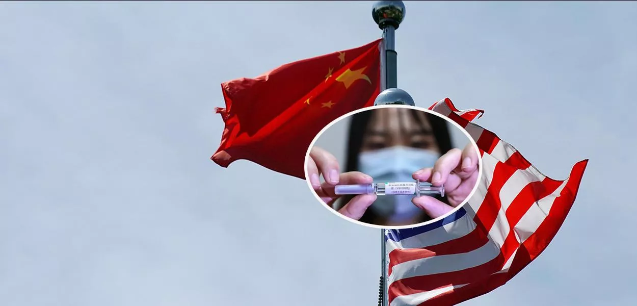 Bandeiras da China e EUA e vacina