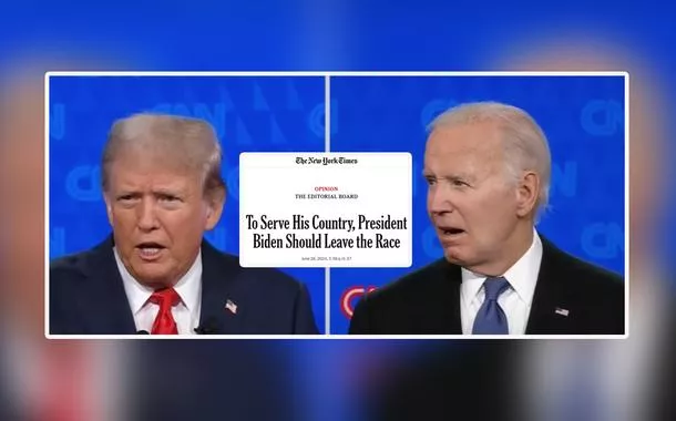 Donald Trump (à esq.), Joe Biden e o editorial intitulado "Para servir seu país, o presidente Biden deveria abandonar a corrida"