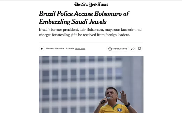 New York Times destaca indiciamento de Bolsonaro como ladrão de joias