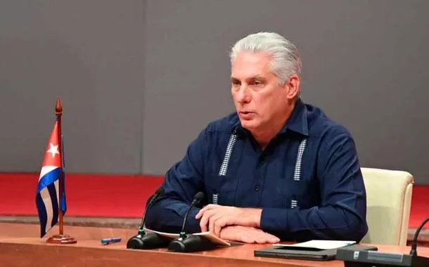 O presidente de Cuba Díaz-Canel intervém na Cúpula da Alba, julho de 2024